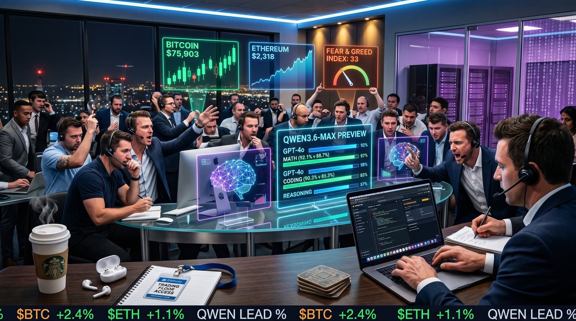 Trading floor monitors display BTC at $75,903, Fear & Greed 33, and Qwen3.6-Max AI benchmarks amid market surge
