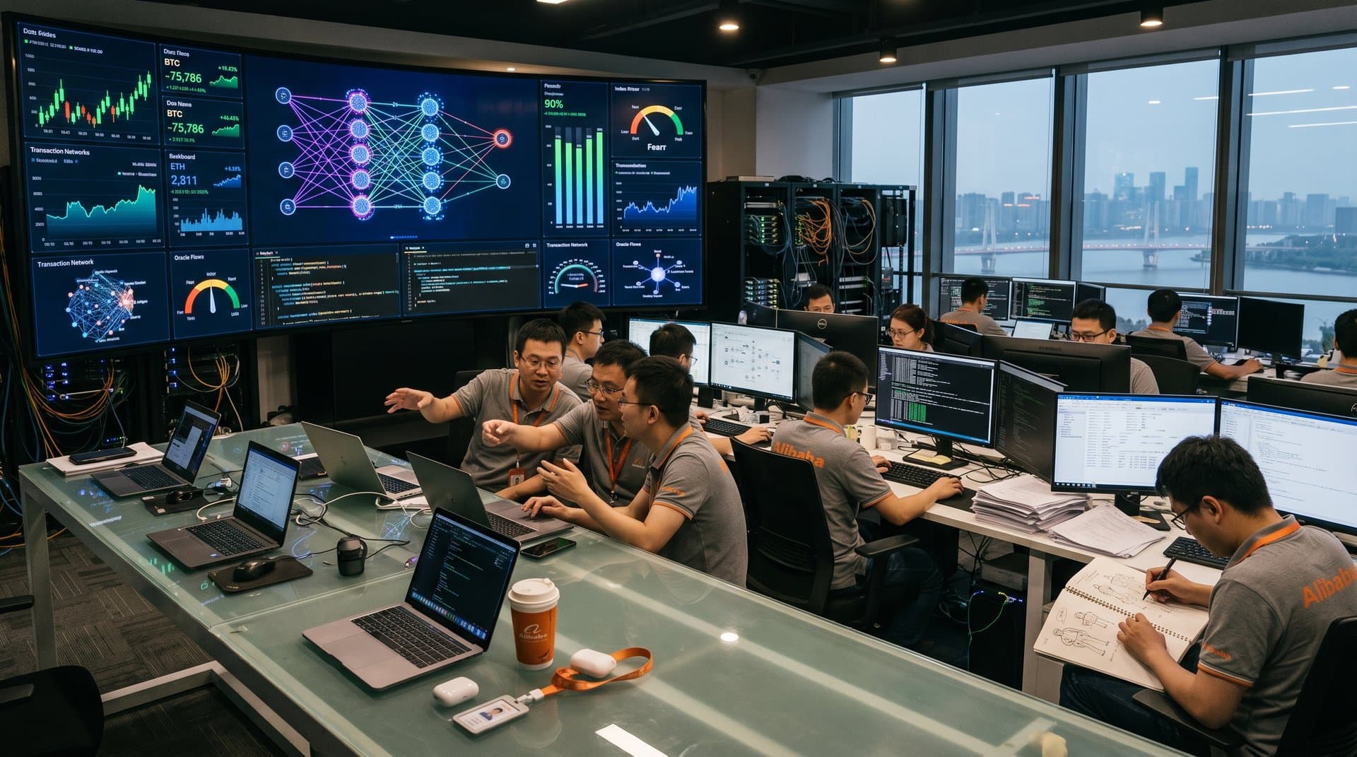 Engineers analyze Qwen 3.6-Max benchmarks and BTC charts in Alibaba's Hangzhou AI lab with skyline backdrop