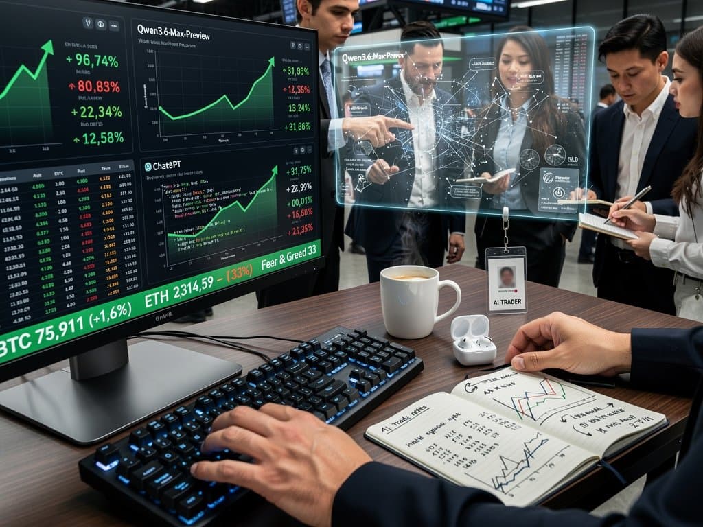 Trading desks monitor Qwen3.6-Max-Preview AI benchmarks and BTC surge to $75,911