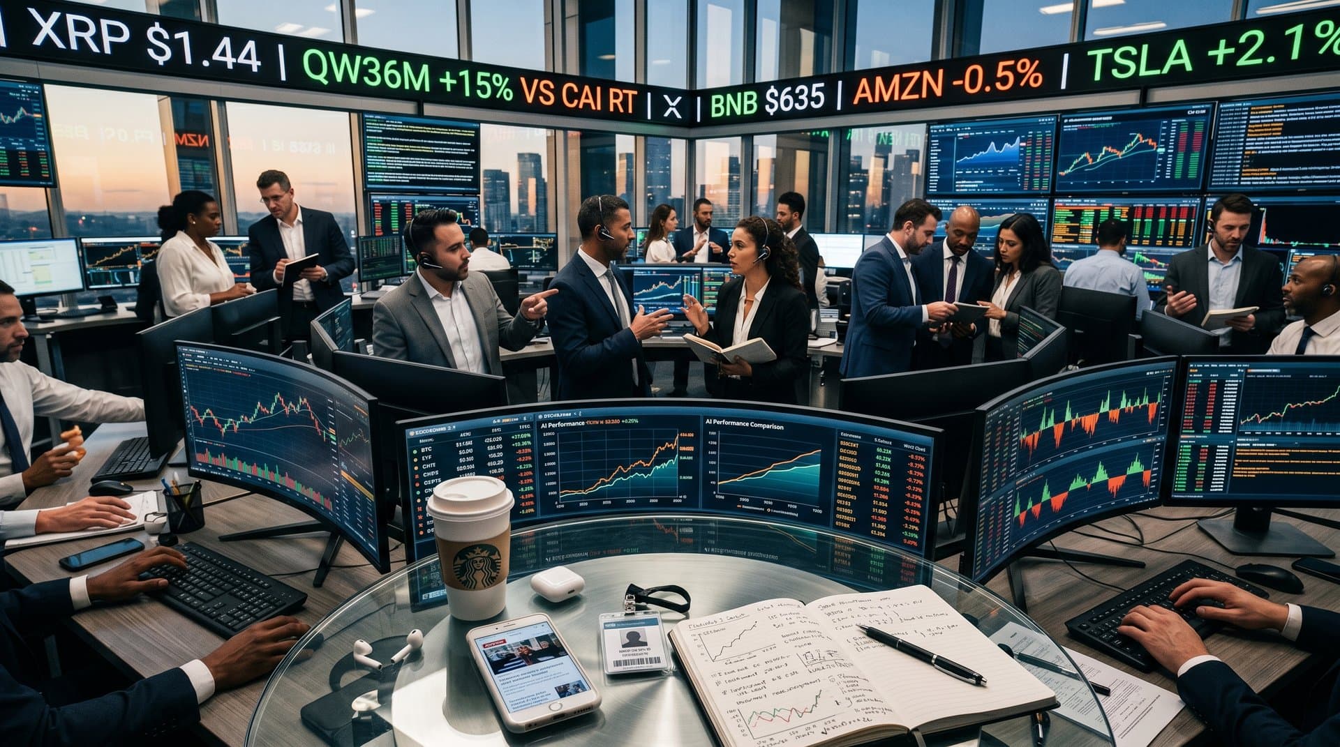 Trading floor with Bloomberg terminals showing BTC at $76K and AI data visualizations