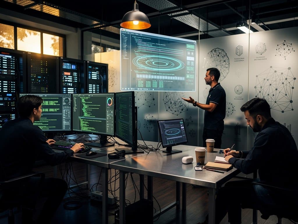 AI dev screens showing Claude CLI and OpenClaw with 1M context visuals in high-tech workspace