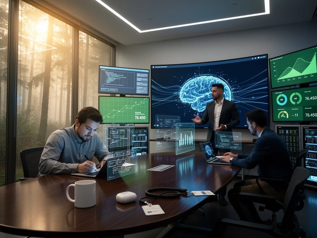 Tech executive points to AI software charts in modern briefing room with screens and data terminals