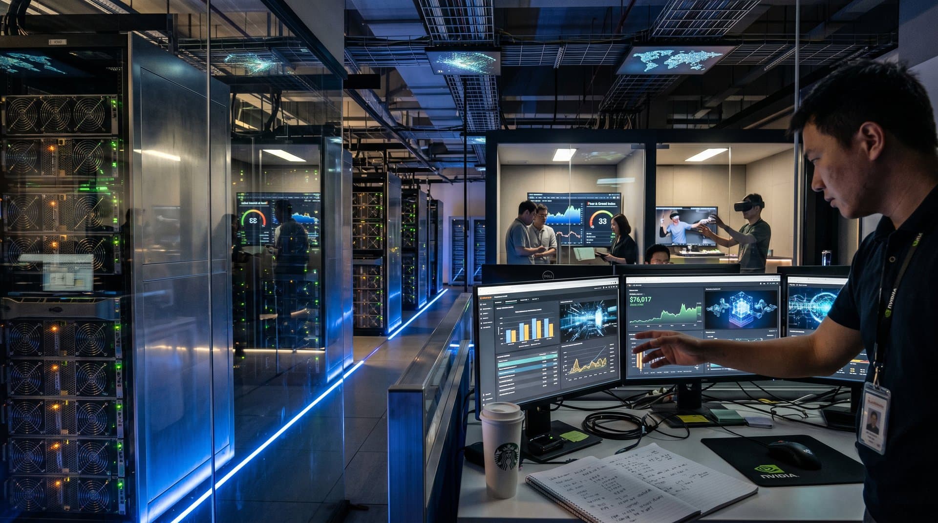 Alibaba Cloud data center team monitors Qwen3.6-Max AI benchmarks and real-time blockchain crypto charts on multi-screen setups