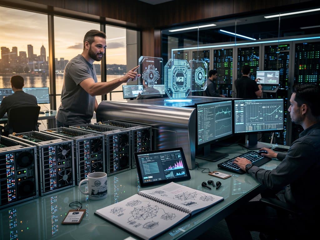 AWS high-tech lab with Trainium chips, AI neural networks, and Puget Sound backdrop