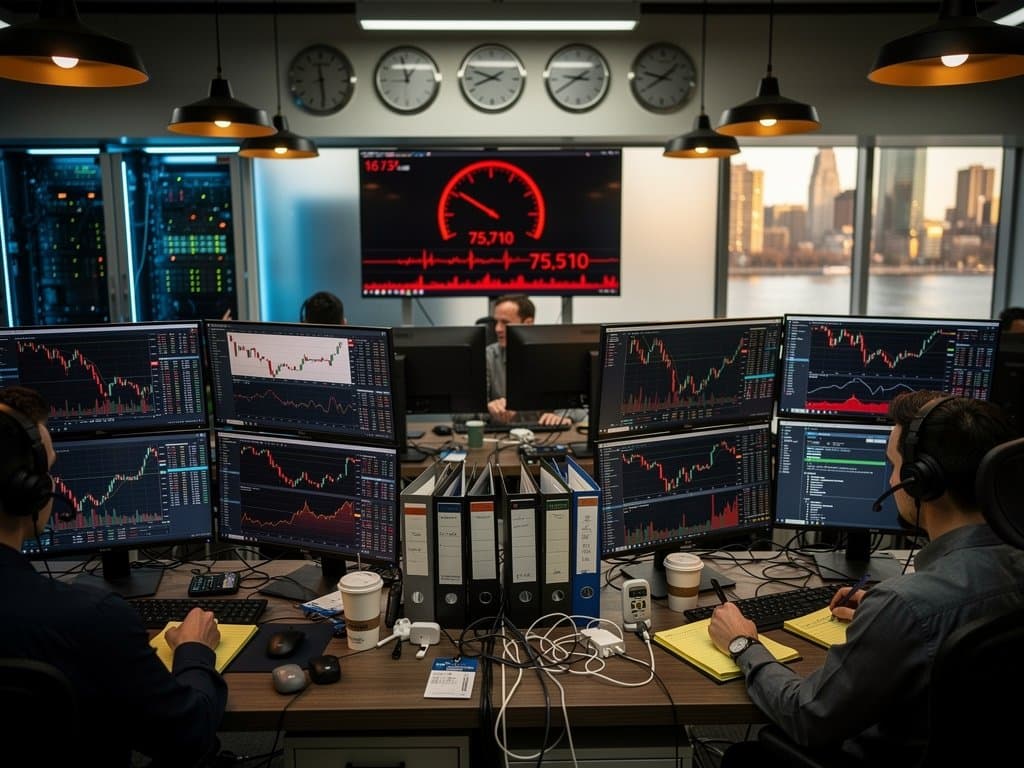 Trading floor monitors show red crypto charts, Fear & Greed at 33, Bitcoin at $75K amid regulatory reports and river views