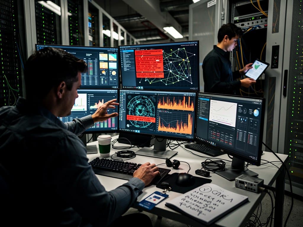 Cybersecurity team monitors blockchain security alerts in advanced data center with server racks and multi-screen displays