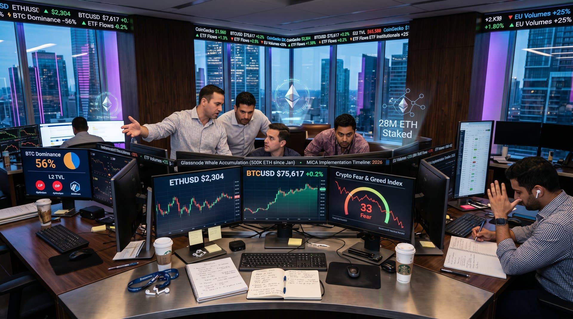 Crypto trader analyzes Ethereum price charts and Fear & Greed Index at 33 on trading desk with live market data