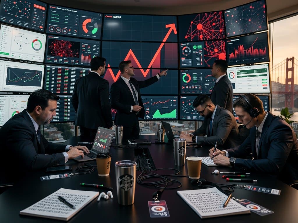 Fintech compliance team analyzes Carmine Agnello crypto fraud blockchain traces on monitors amid dipping BTC prices