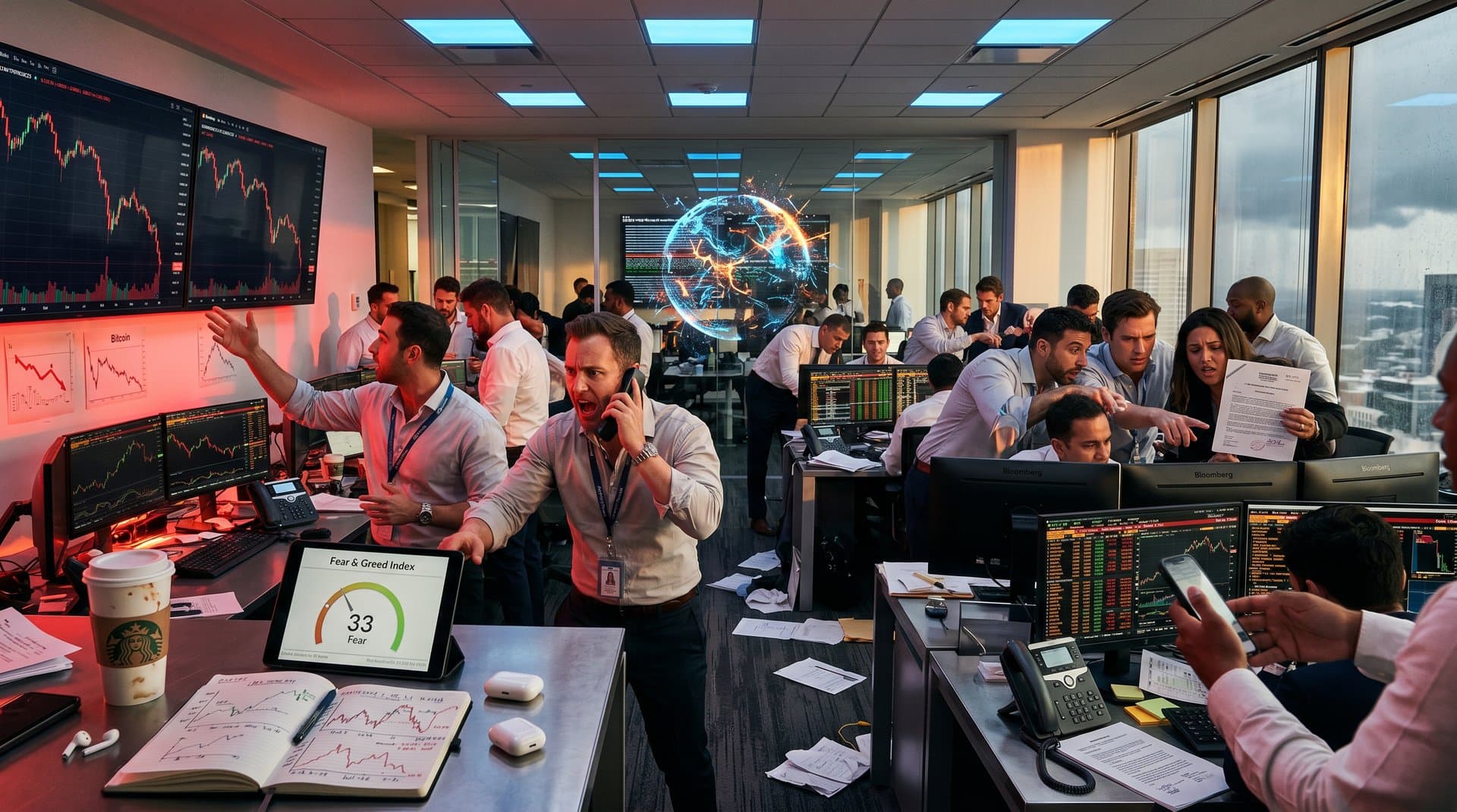 Cracking FLOW token under gavel with Fear & Greed Index at 33 and plunging crypto charts in fintech style