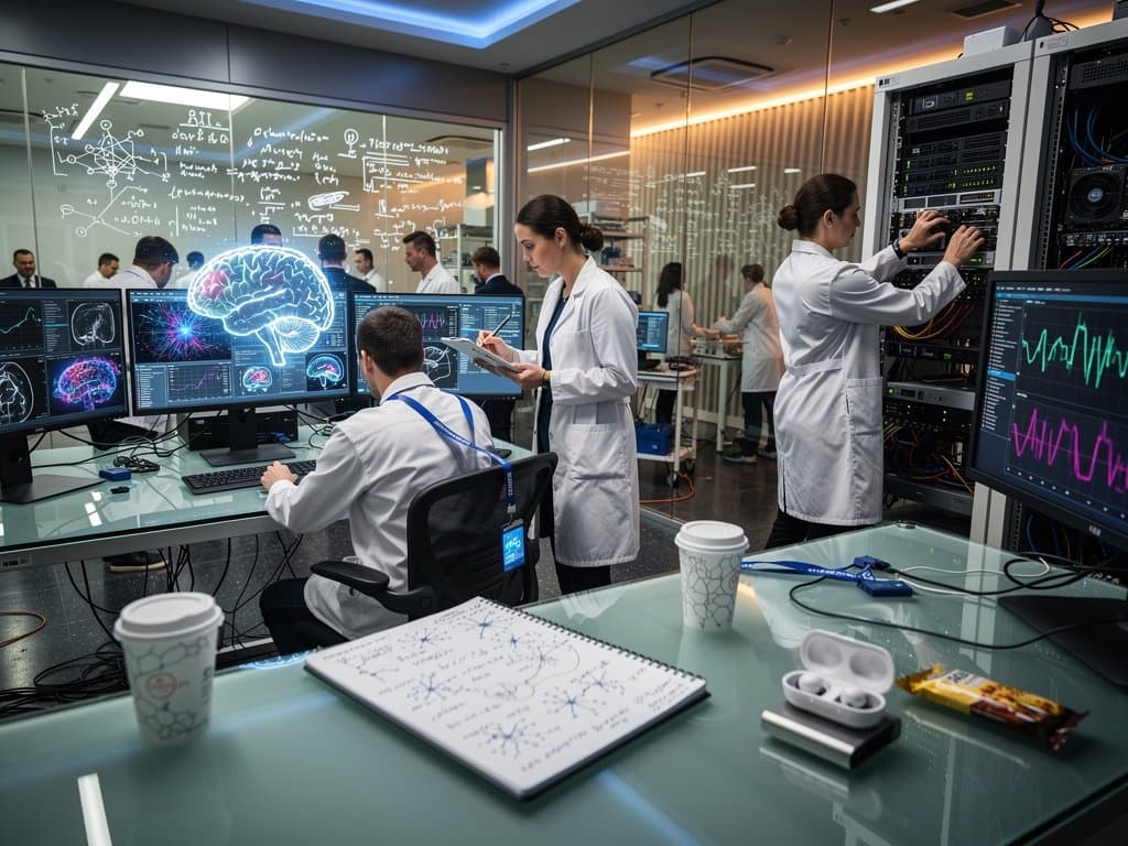 Futuristic lab with holographic brain models and AI neural graphs on Nvidia monitors