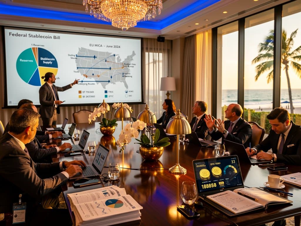 Idaho legislators and lobbyists discuss stablecoin policy around mahogany table in Mar-a-Lago ballroom with ocean view and blockchain screens