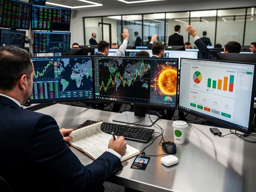 Trading screens show solar power growth charts and BTC at $77K amid renewable energy surge on modern fintech floor