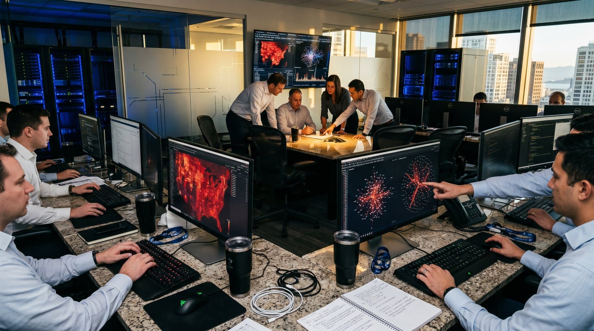 Blockchain forensics center with glowing transaction heatmaps on multiple monitors amid server racks and data visualizations